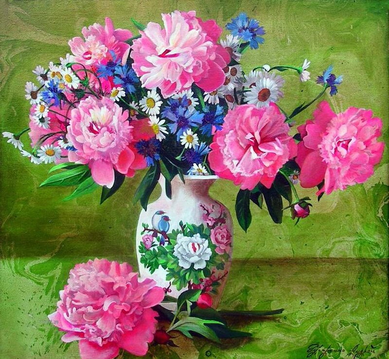 Pink Peonies in Vase — Green, Calm