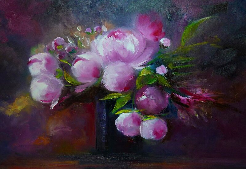 Pink Peonies in Vase — Purple, Dramatic