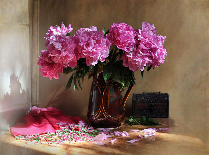 Pink Peonies in Vase — Serene, Afternoon, Photograph, Scarf