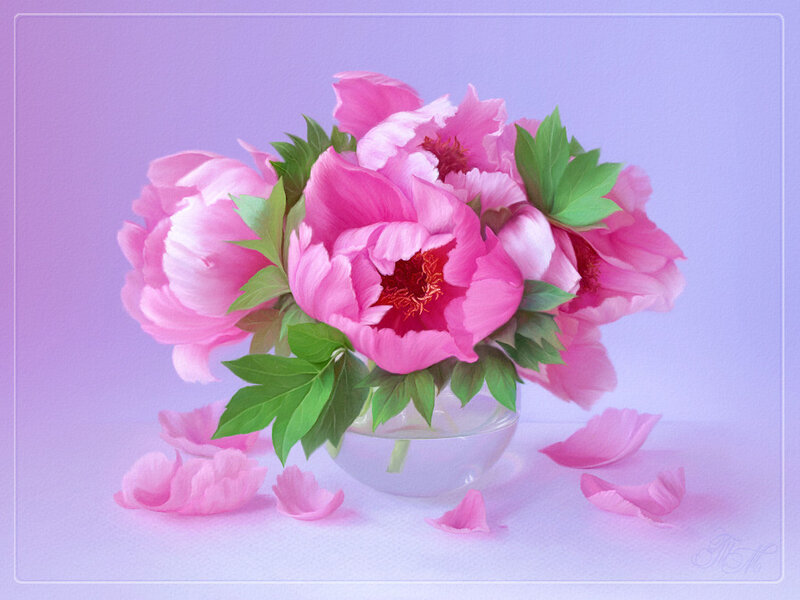 Pink Peonies in Vase — Serene, Digital Art
