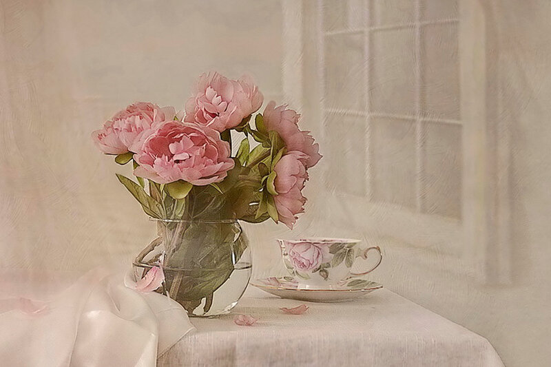 Pink Peonies in Vase — Serene, Morning, Painting