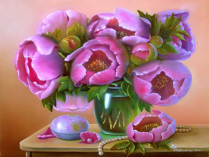 Pink Peonies in Vase — Serene, Painting, Pearls