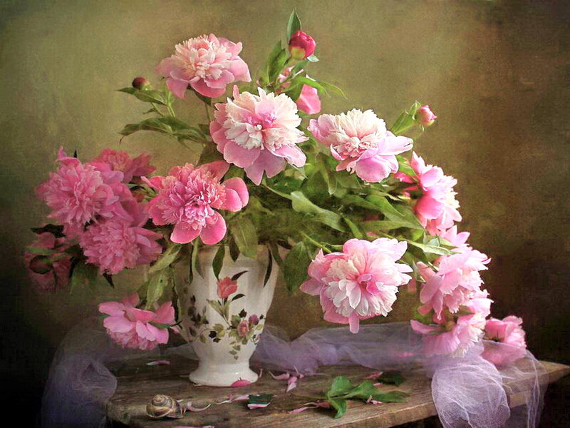 Pink Peonies in Vase — Serene, Painting, Table