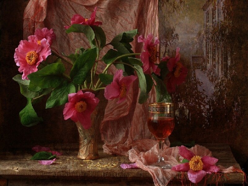 Pink Peonies in Vase — Serene, Painting
