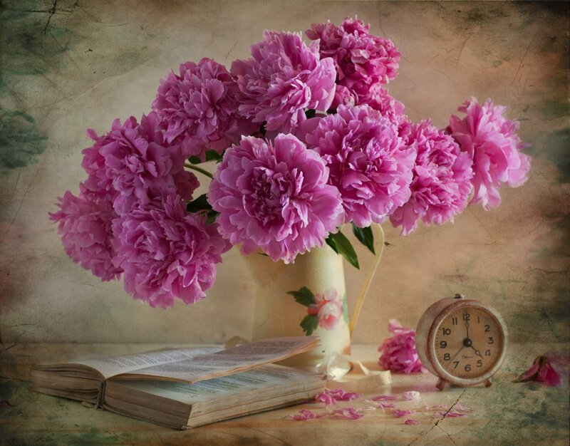 Pink Peonies in Vase — Serene, Photograph, Book, Clock