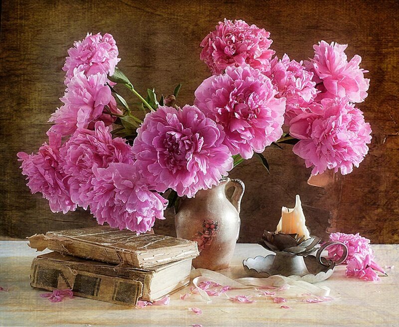 Pink Peonies in Vase — Serene, Photograph, Books, Candle