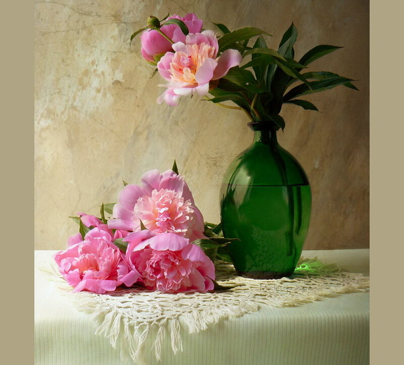 Pink Peonies in Vase — Serene, Photograph, Tablecloth