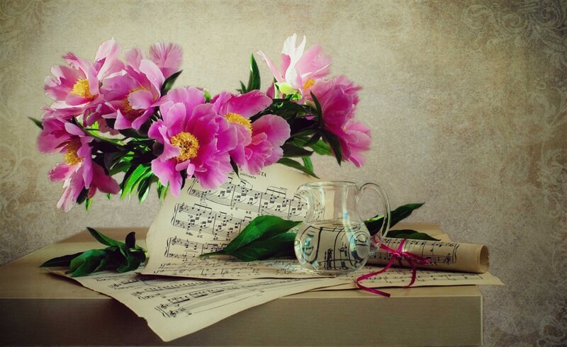 Pink Peonies on Sheet Music