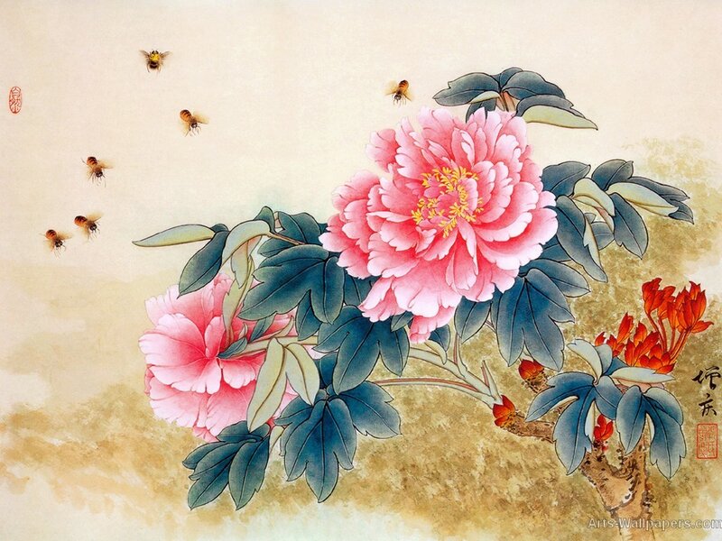 Pink Peonies with Bees