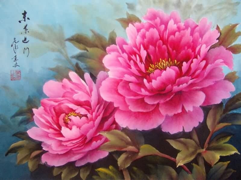 Pink Peony Flowers — Serene, Painting, Leaves, Signature