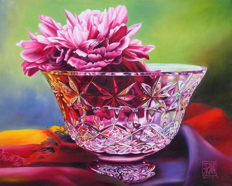 Pink Peony in Crystal Bowl