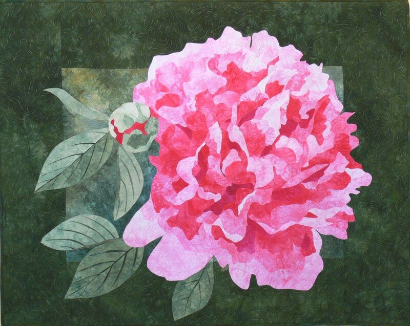 Pink peony quilt art