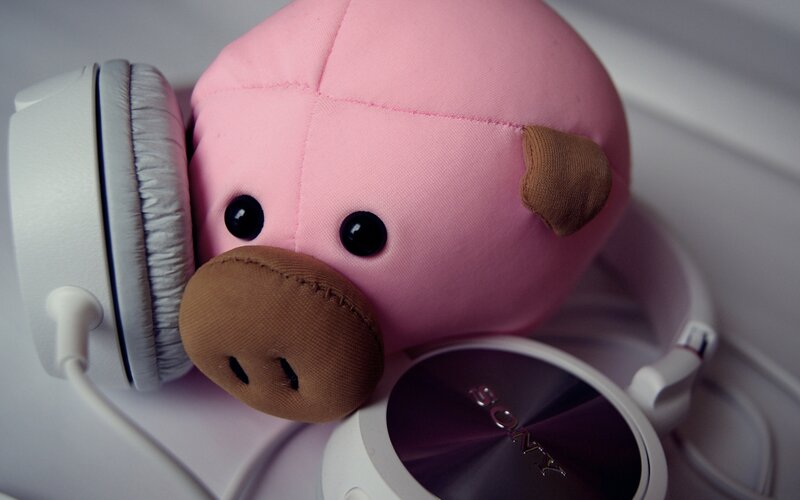Pink Pig Plush Toy — Calm, Photograph, Headphones