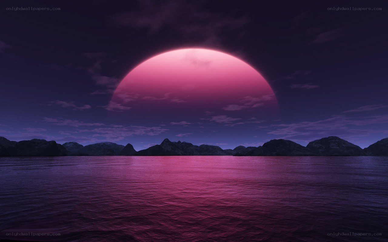 Pink planet over water