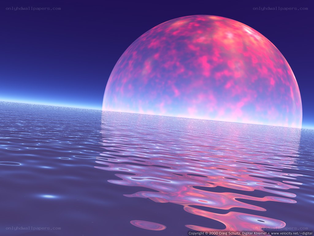 Pink planet over water