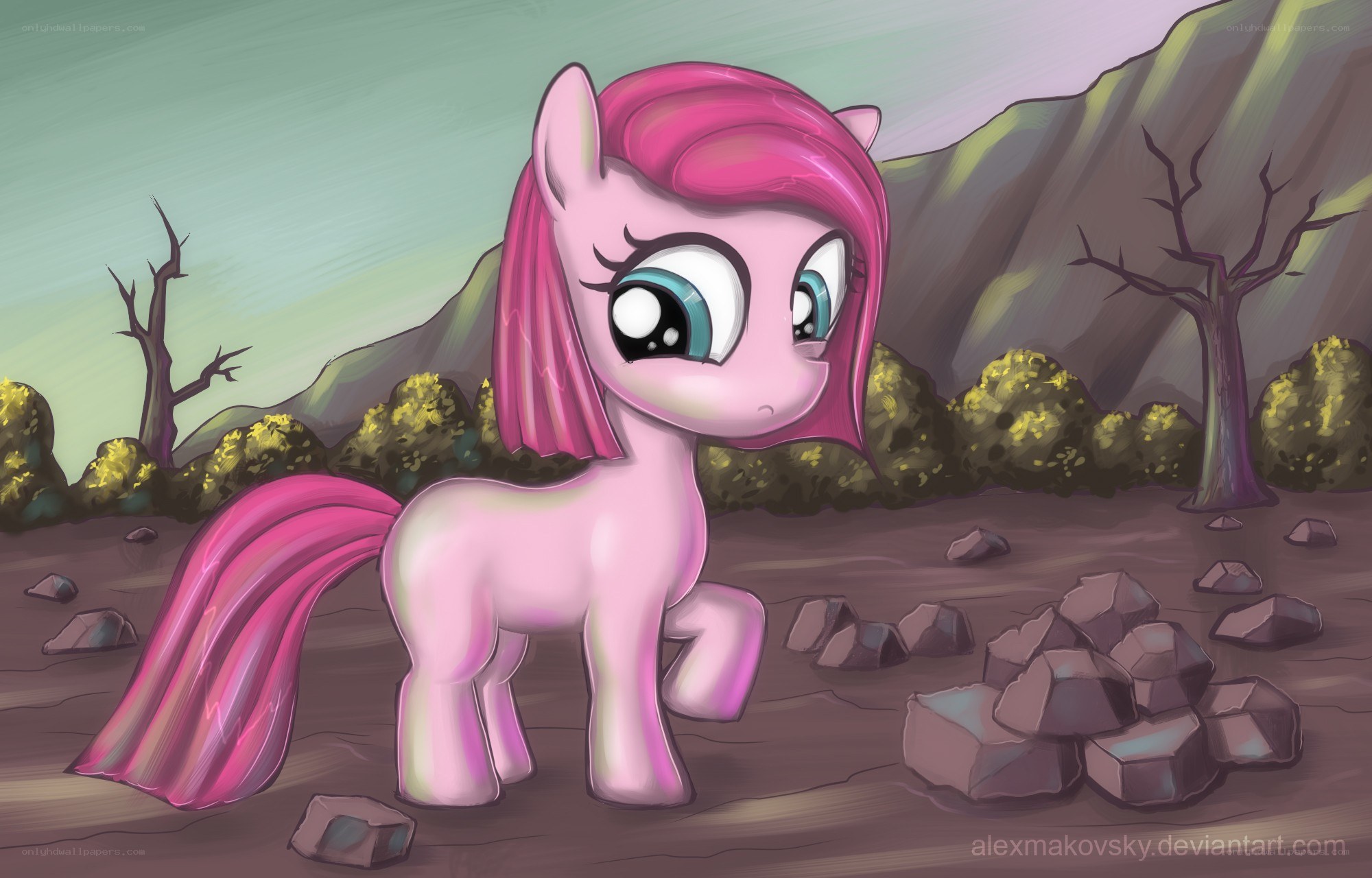 Pink pony in a barren landscape