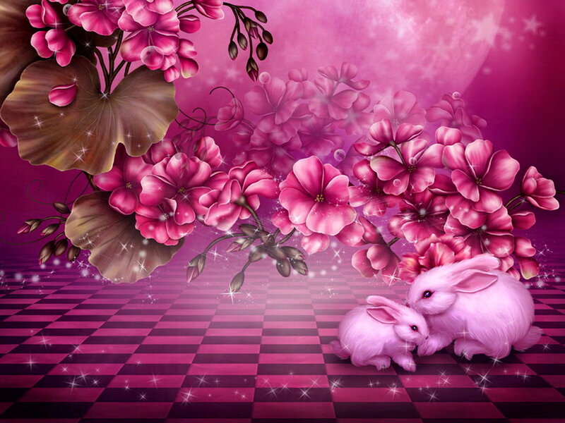 Pink Rabbits in Flowers