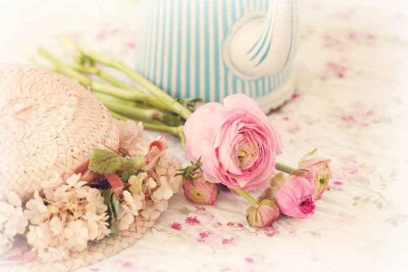 Pink Ranunculus Flowers — Serene, Spring, Photograph, Straw Hat