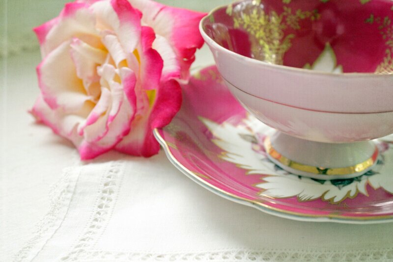 Pink Rose and Teacup — Serene, Photograph, Saucer, Lace