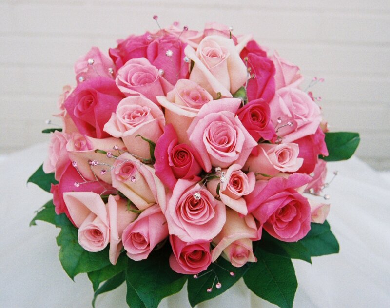 Pink Rose Bouquet — Calm, Photograph, Green Leaves, Sparkling Beads