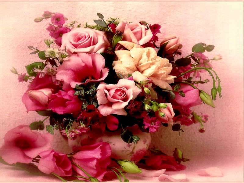 Pink Rose Bouquet — Calm, Photograph, Vase, Petals