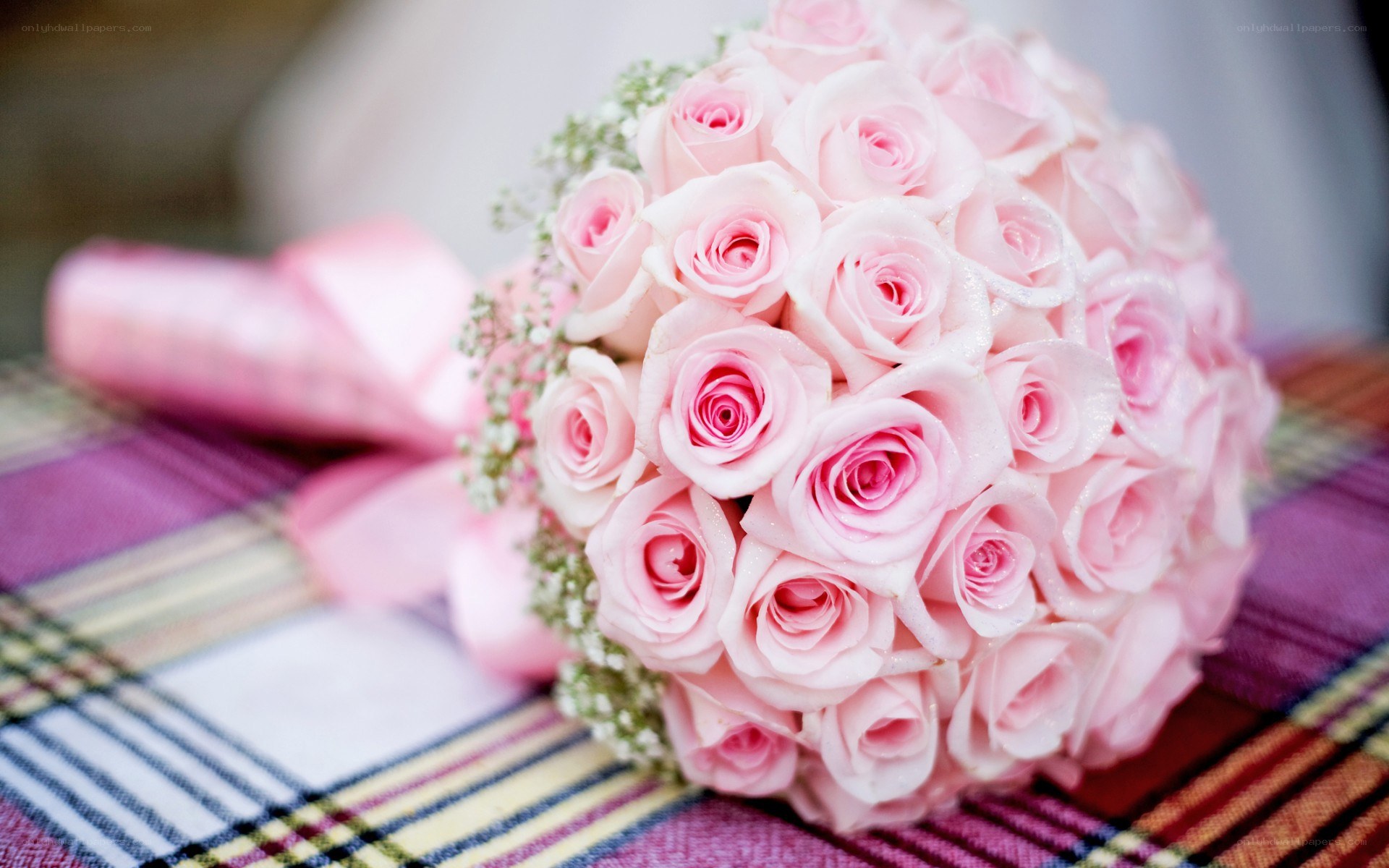 Pink rose bouquet on plaid