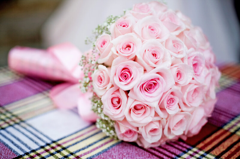 Pink Rose Bouquet — Romantic, Photograph, Ribbon, Plaid Fabric