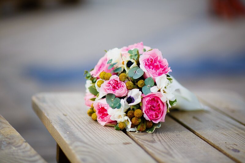 Pink Rose Bouquet — Serene, Afternoon, Photograph, Wooden Bench, Greenery