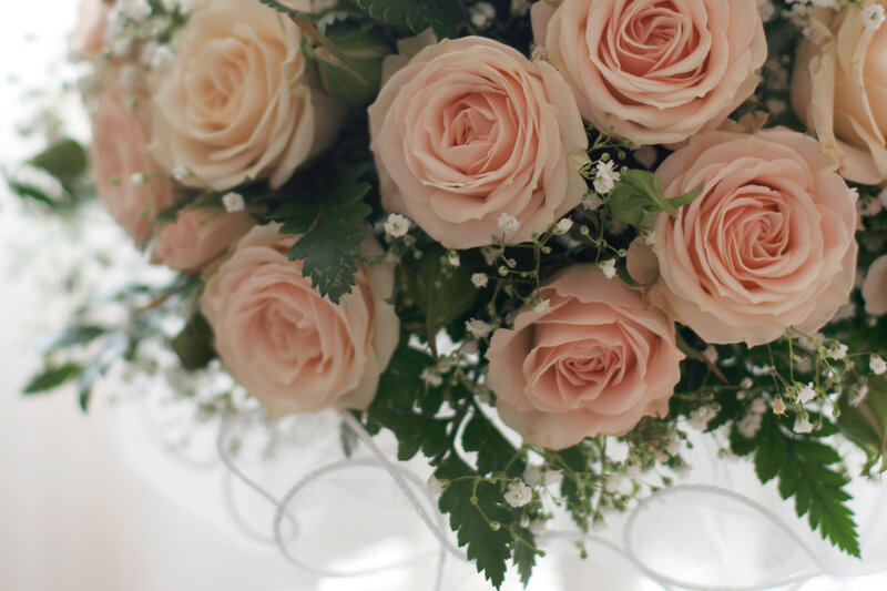 Pink Rose Bouquet — Serene, Photograph, Green Leaves, Baby's Breath
