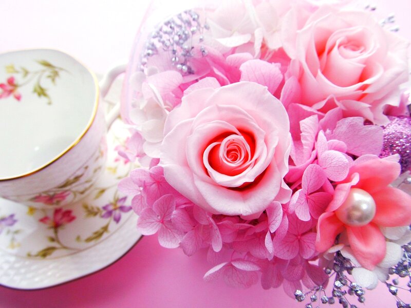 Pink Rose Bouquet — Serene, Photograph, Tea Cup