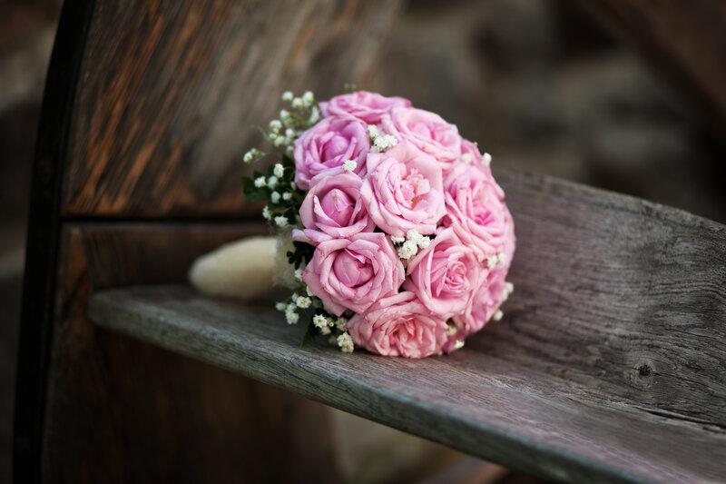 Pink Rose Bouquet — Serene, Photograph, Wooden Bench