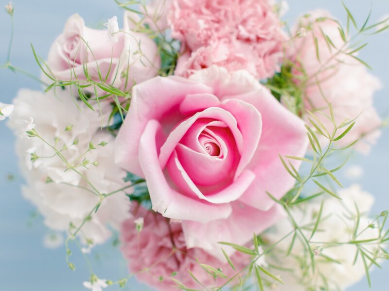 Pink Rose Bouquet — Serene, Spring, Photograph, Carnations, Baby's Breath, Greenery