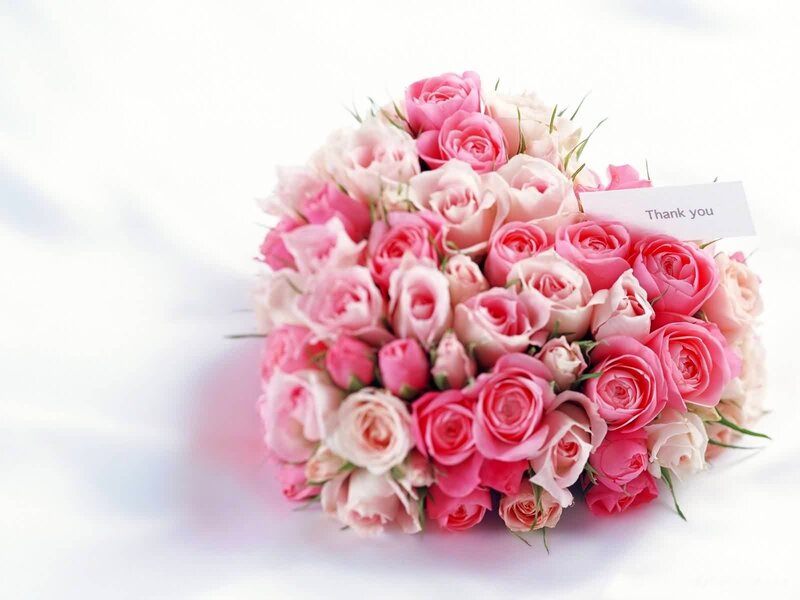 pink rose bouquet with thank you card