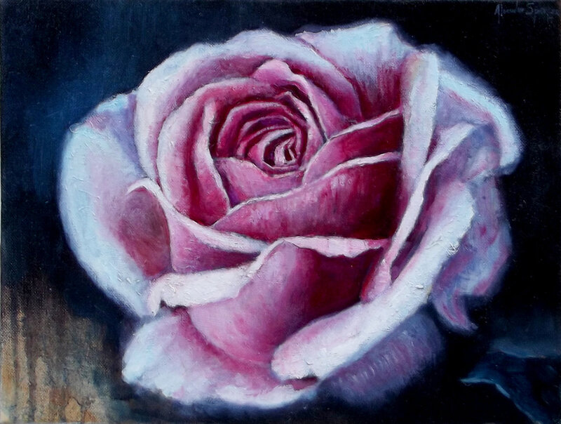 Pink Rose Flower — Dramatic, Painting, Dark Background