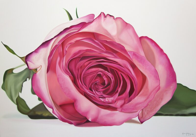 Pink Rose Flower — Serene, Painting, Green Leaves