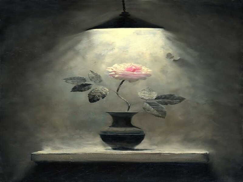 Pink Rose in Vase — Gray, Dramatic
