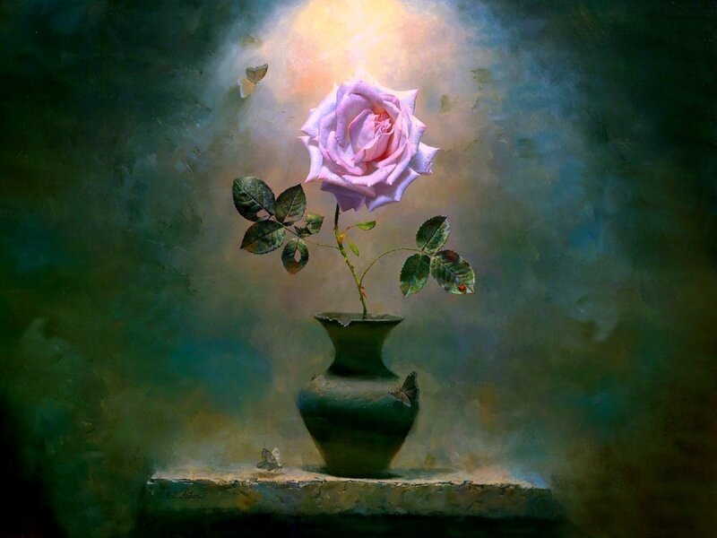 Pink Rose in Vase — Green, Dramatic