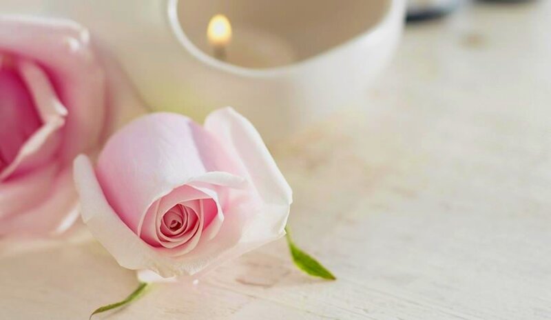 Pink Rose on Table — Serene, Photograph, Candle