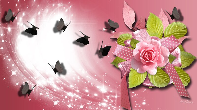 Pink Rose with Butterflies — Dreamy, Digital Art