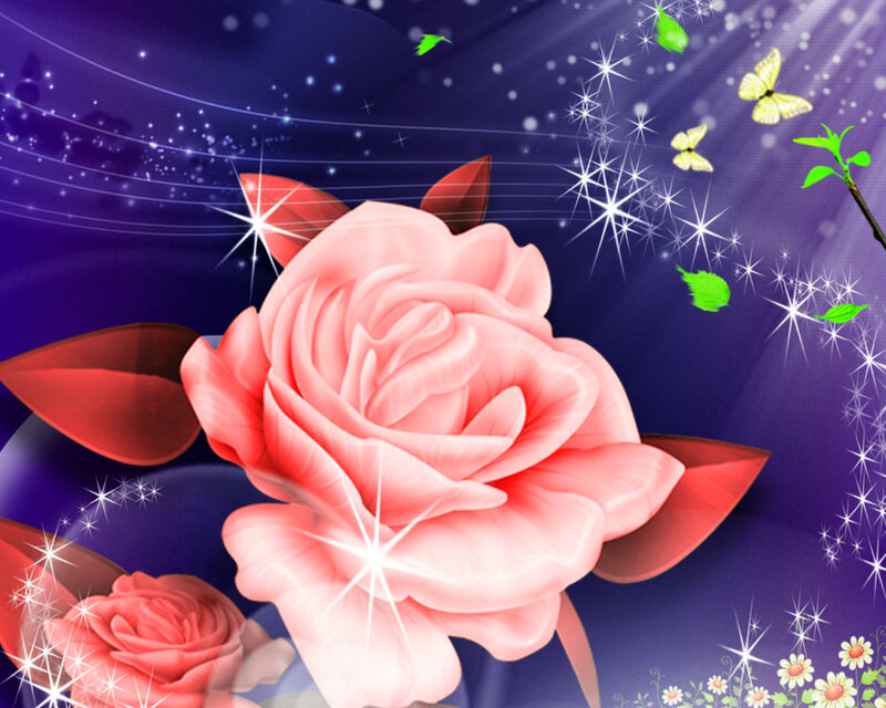 Pink Rose with Butterflies — Purple