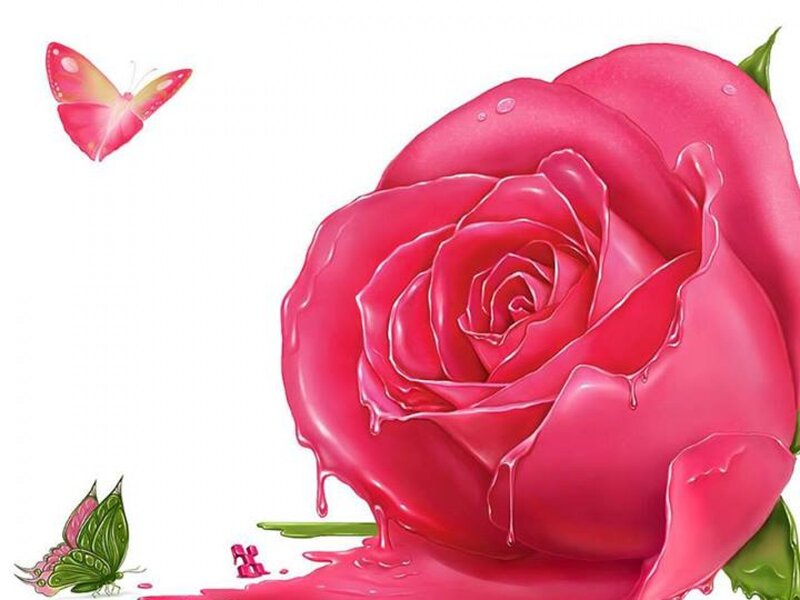 Pink Rose with Butterflies — Serene, Digital Art