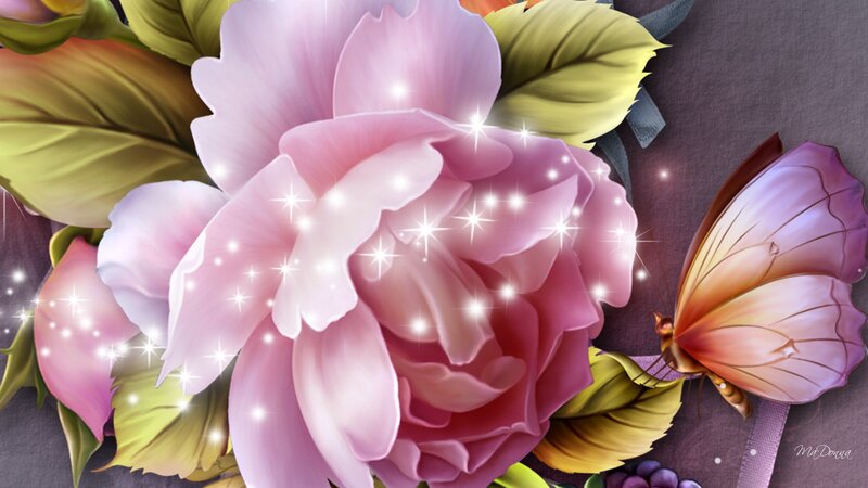 Pink Rose with Butterfly — Serene, Digital Art, Leaves