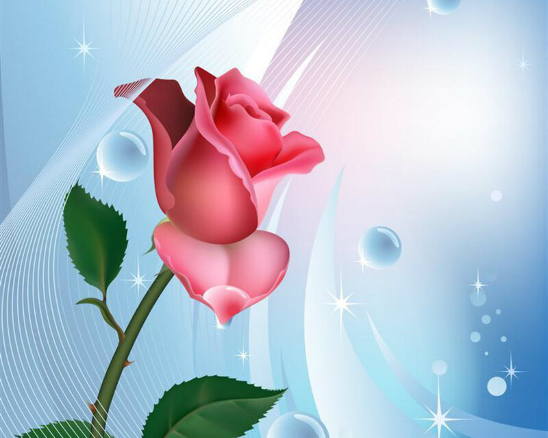 Pink Rose with Green Leaves — Blue