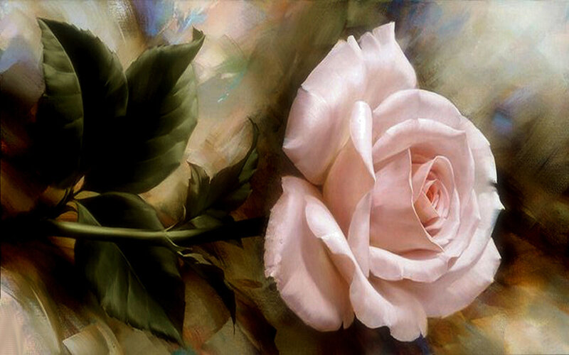 Pink Rose with Leaves — Serene, Painting, Stem