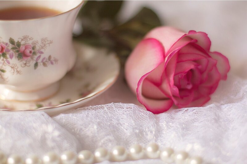 Pink Rose with Teacup — White