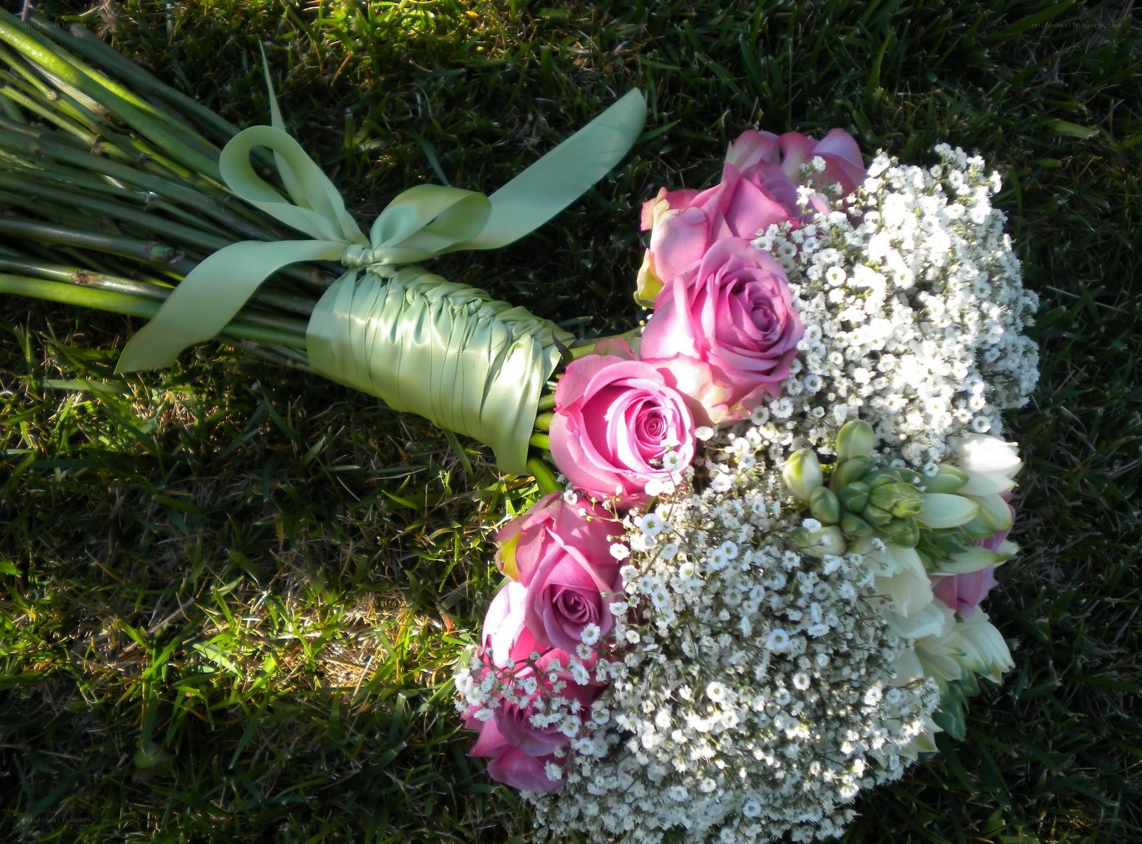 Pink roses and baby's breath bouquet