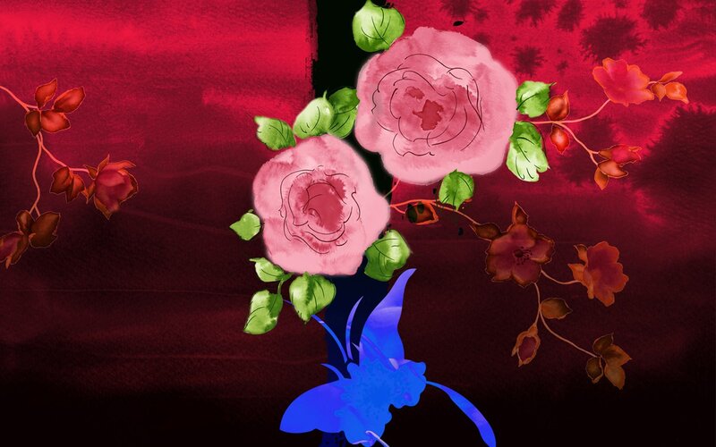 Pink Roses and Blue Butterfly — Red, Dramatic