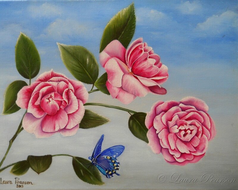 Pink roses and blue butterfly