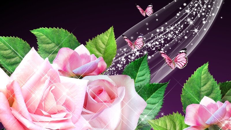 Pink Roses and Butterflies — Dreamy, Digital Art, Leaves