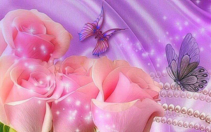 Pink Roses and Butterflies — Dreamy, Digital Art, Pearls